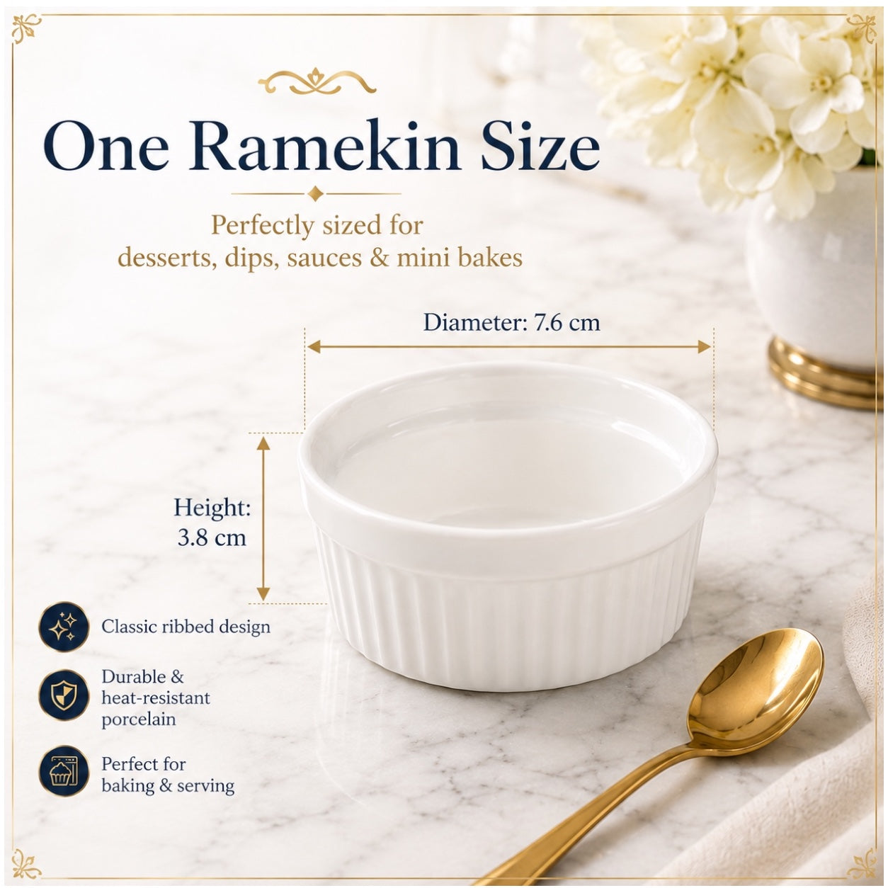 White Porcelain Ramekins Set of 12–Classic Ribbed Dessert and Baking Bowls