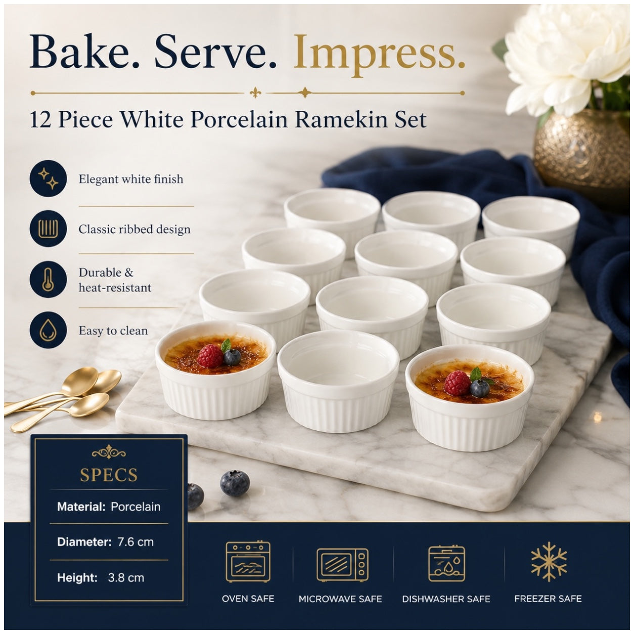 White Porcelain Ramekins Set of 12–Classic Ribbed Dessert and Baking Bowls