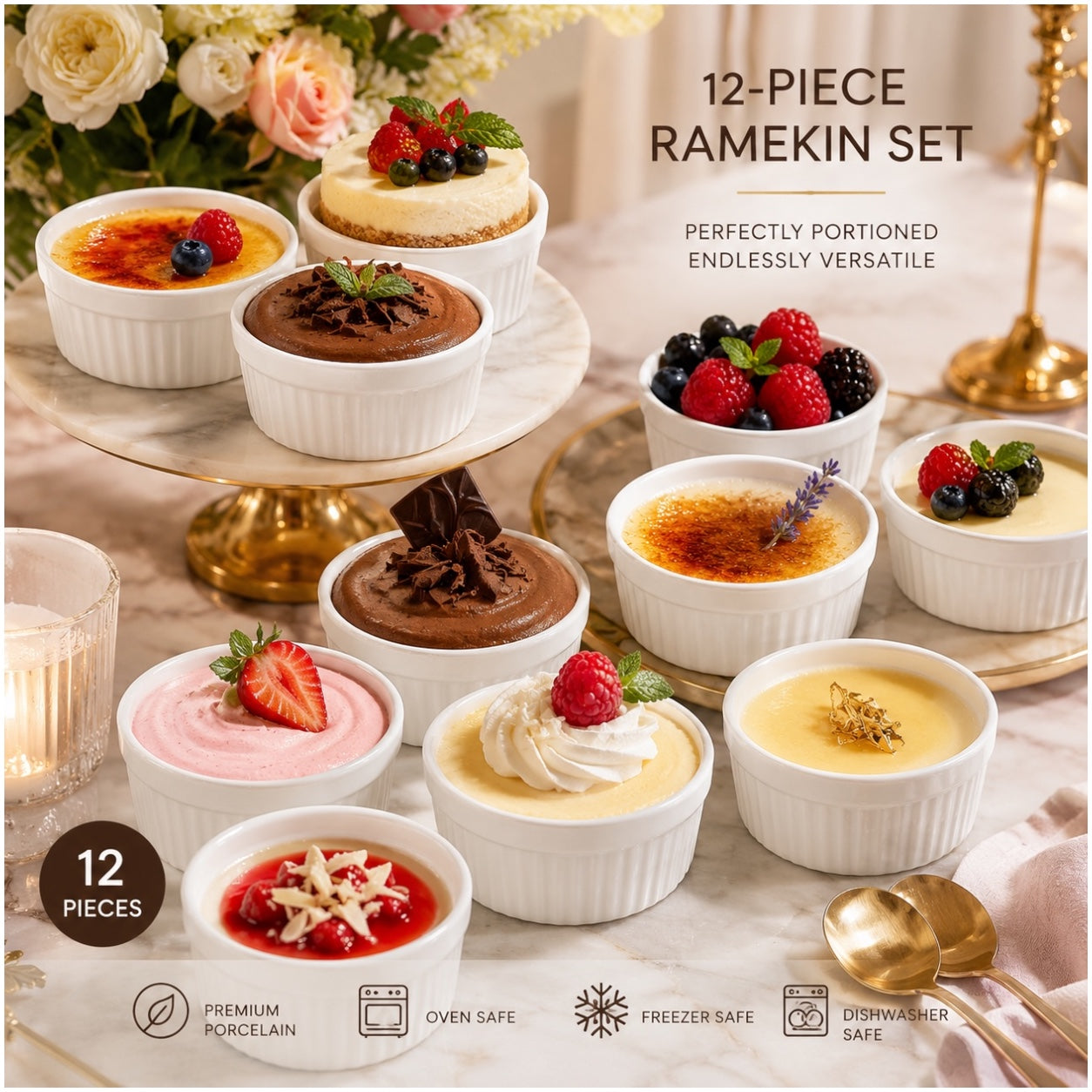 White Porcelain Ramekins Set of 12–Classic Ribbed Dessert and Baking Bowls