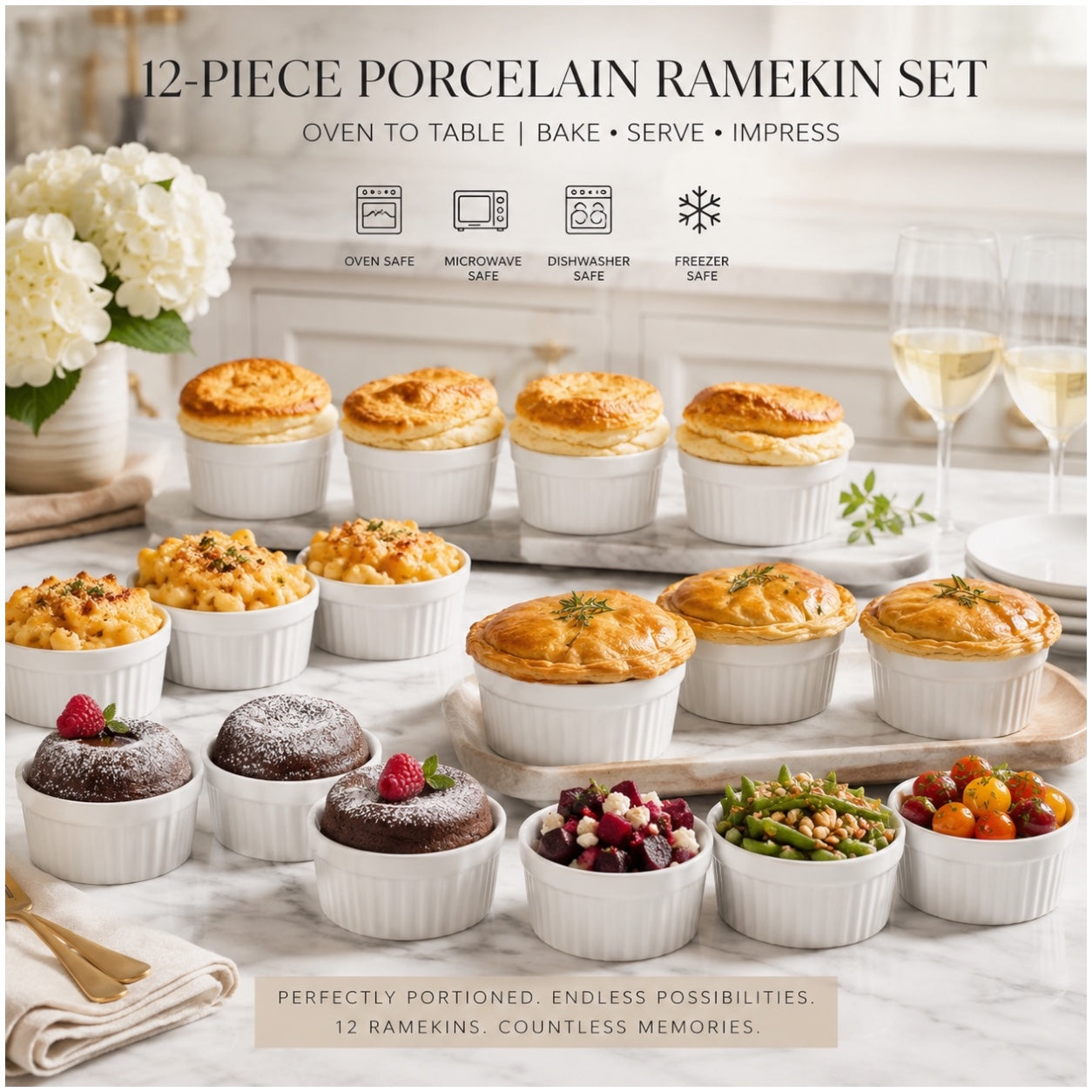 White Porcelain Ramekins Set of 12–Classic Ribbed Dessert and Baking Bowls