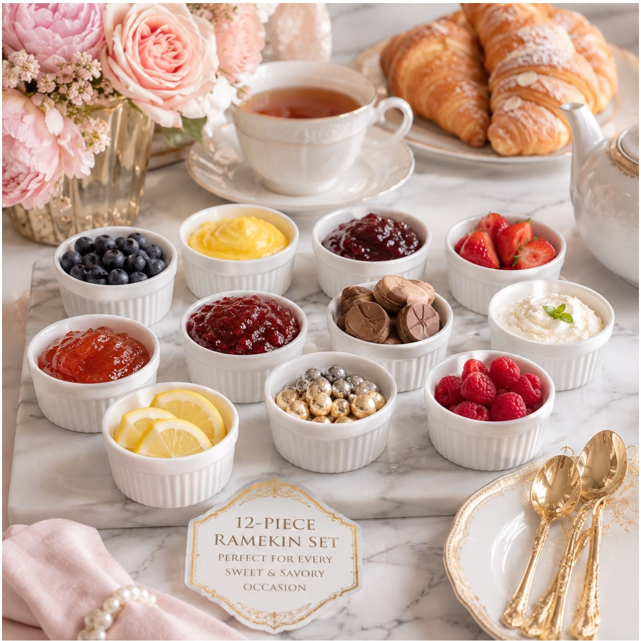 White Porcelain Ramekins Set of 12–Classic Ribbed Dessert and Baking Bowls