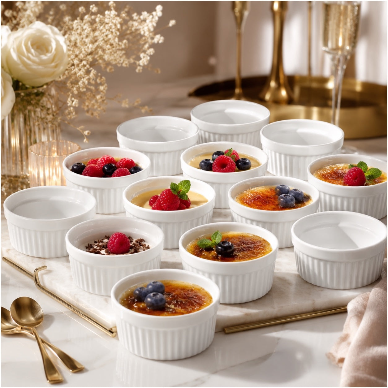 White Porcelain Ramekins Set of 12–Classic Ribbed Dessert and Baking Bowls