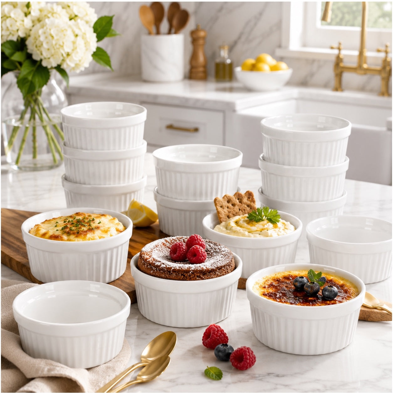 White Porcelain Ramekins Set of 12–Classic Ribbed Dessert and Baking Bowls