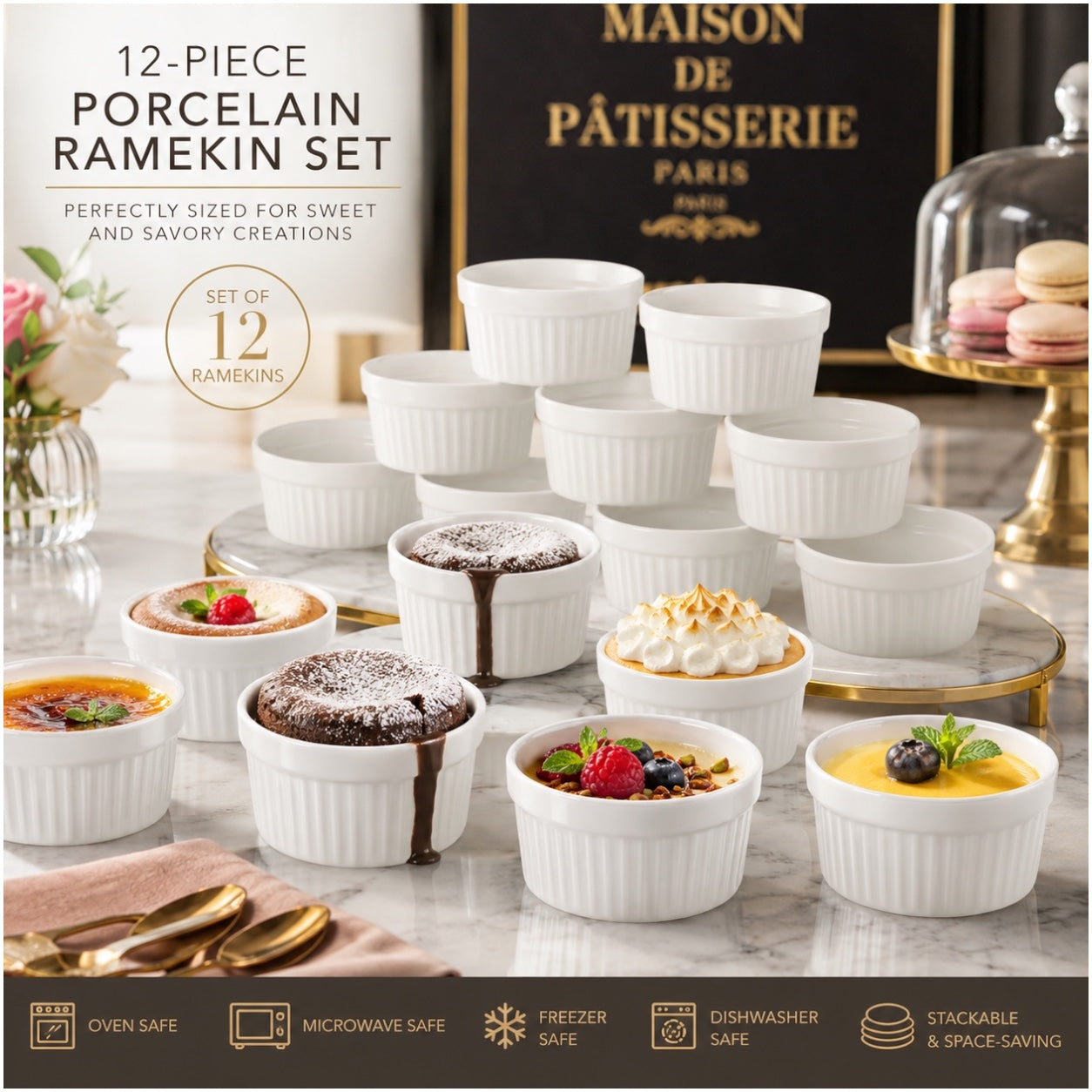 White Porcelain Ramekins Set of 12–Classic Ribbed Dessert and Baking Bowls