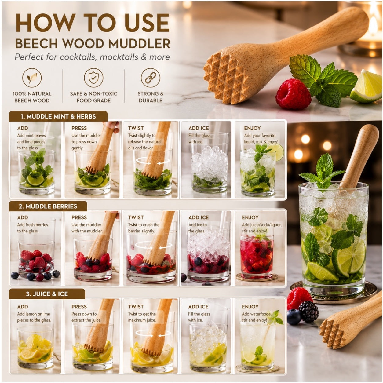 Beech Wood Cocktail Muddler – 25cm Natural Wooden Juice Blender