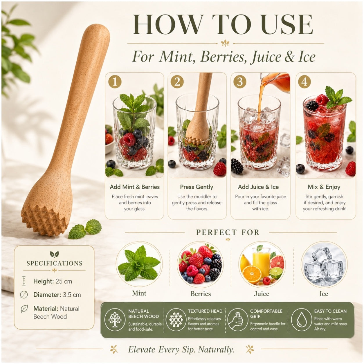Beech Wood Cocktail Muddler – 25cm Natural Wooden Juice Blender