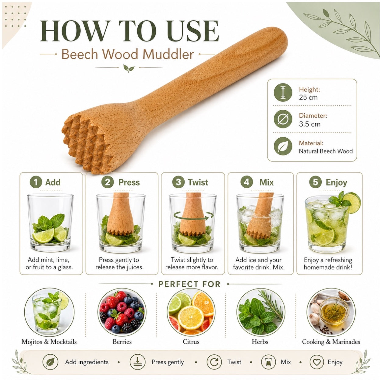 Beech Wood Cocktail Muddler – 25cm Natural Wooden Juice Blender