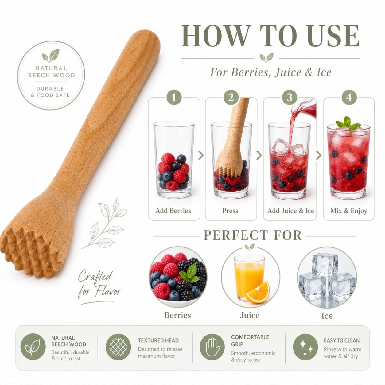 Beech Wood Cocktail Muddler – 25cm Natural Wooden Juice Blender