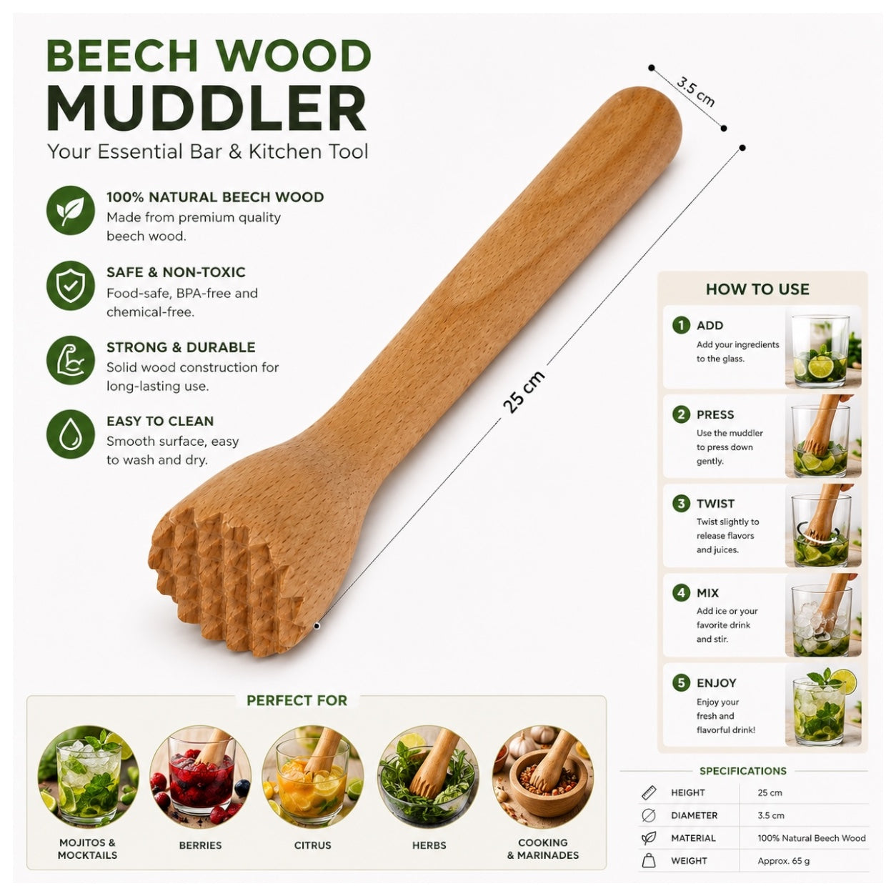 Beech Wood Cocktail Muddler – 25cm Natural Wooden Juice Blender