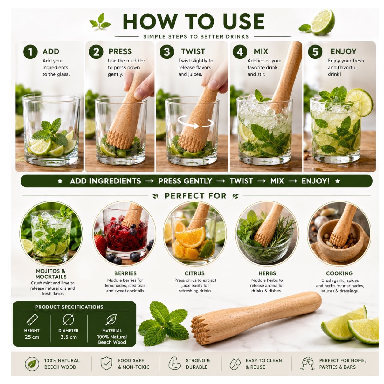 Beech Wood Cocktail Muddler – 25cm Natural Wooden Juice Blender