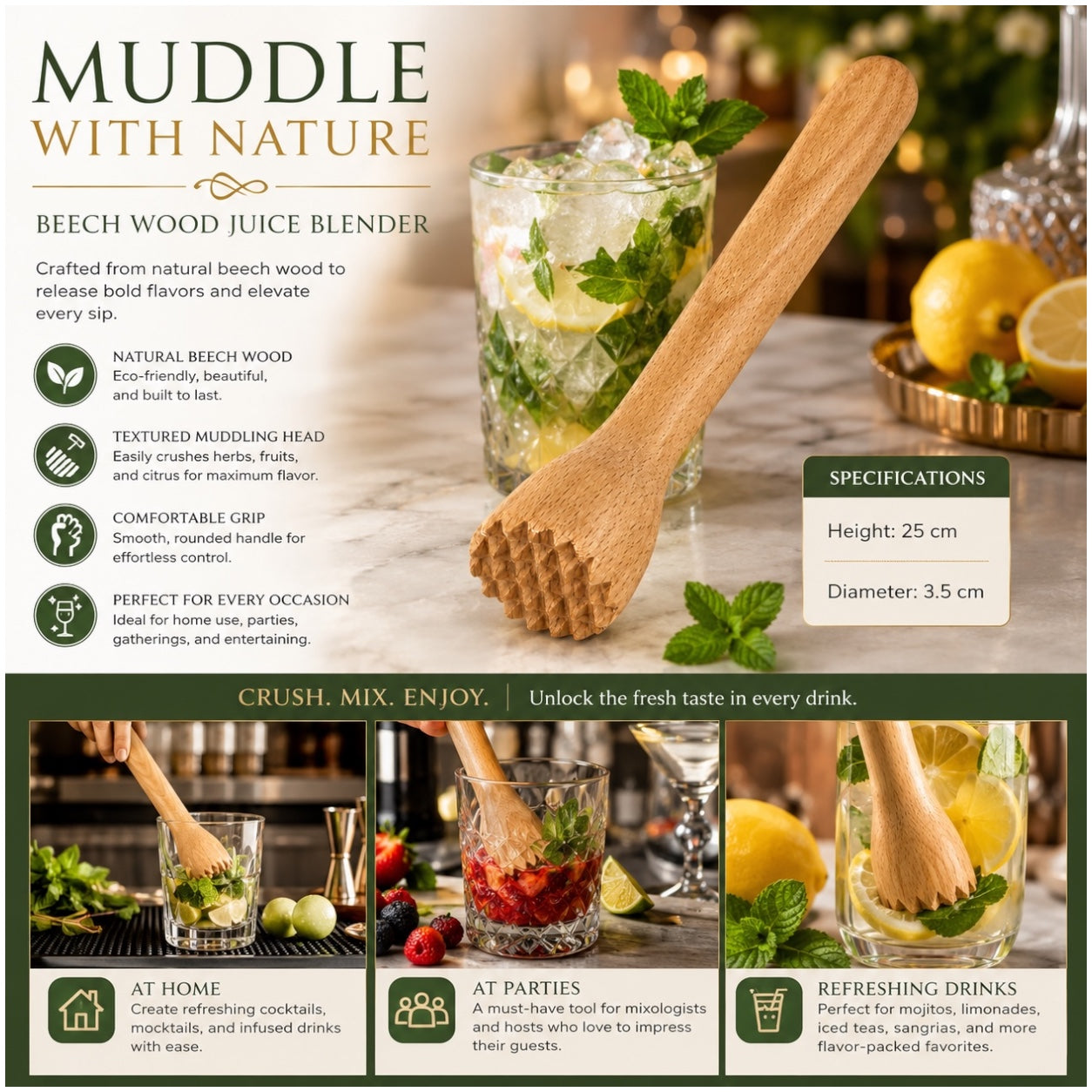 Beech Wood Cocktail Muddler – 25cm Natural Wooden Juice Blender