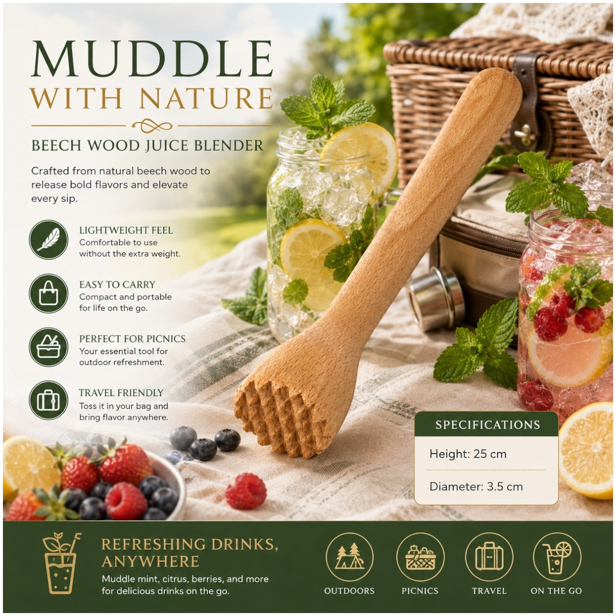 Beech Wood Cocktail Muddler – 25cm Natural Wooden Juice Blender