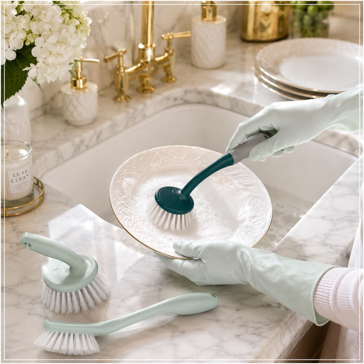 Essential 3 Piece Dish Brush Set with Palm Brush and Glass Cleaning Brush