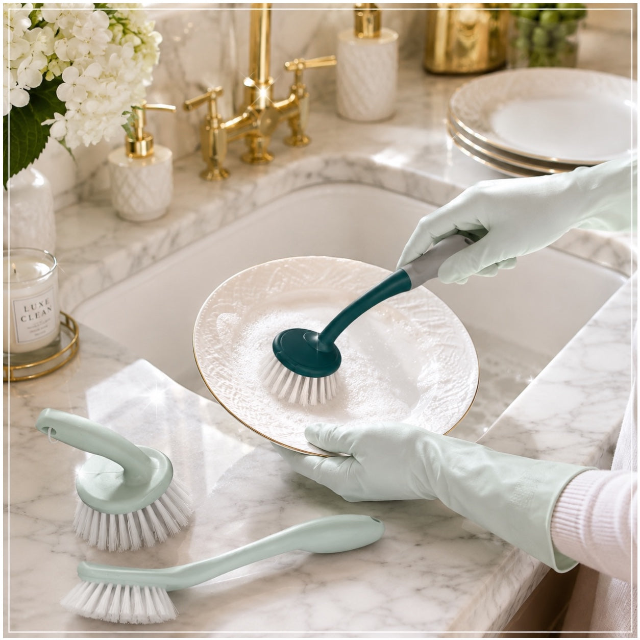 Essential 3 Piece Dish Brush Set with Palm Brush and Glass Cleaning Brush