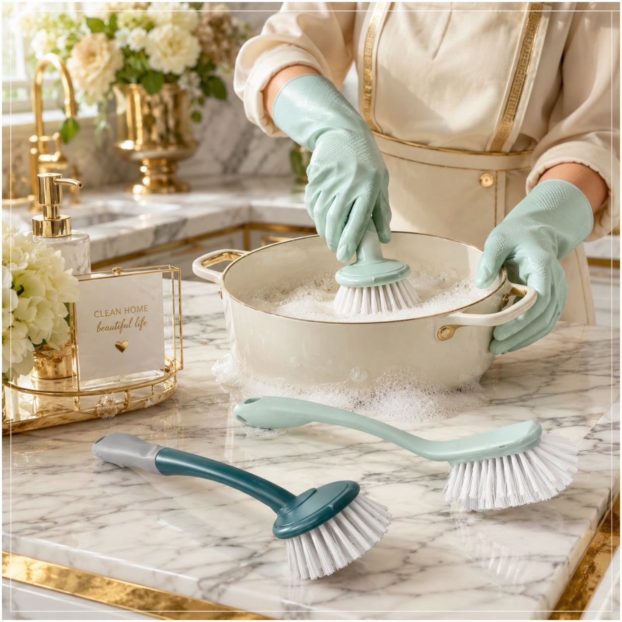 Essential 3 Piece Dish Brush Set with Palm Brush and Glass Cleaning Brush