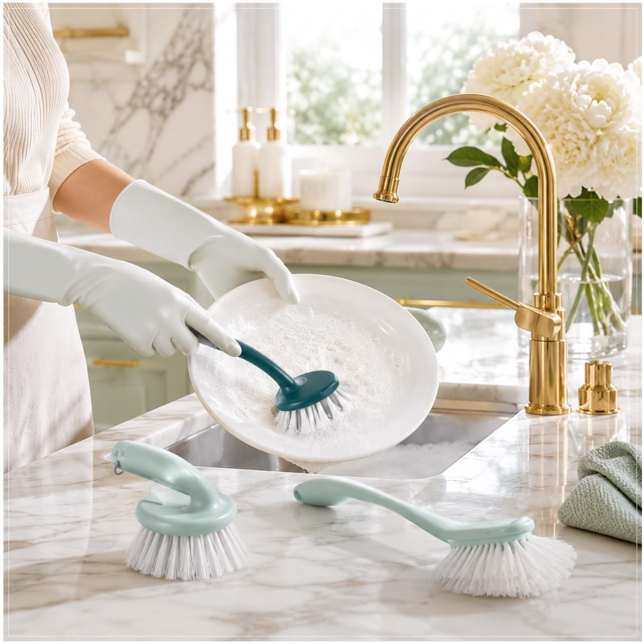 Essential 3 Piece Dish Brush Set with Palm Brush and Glass Cleaning Brush