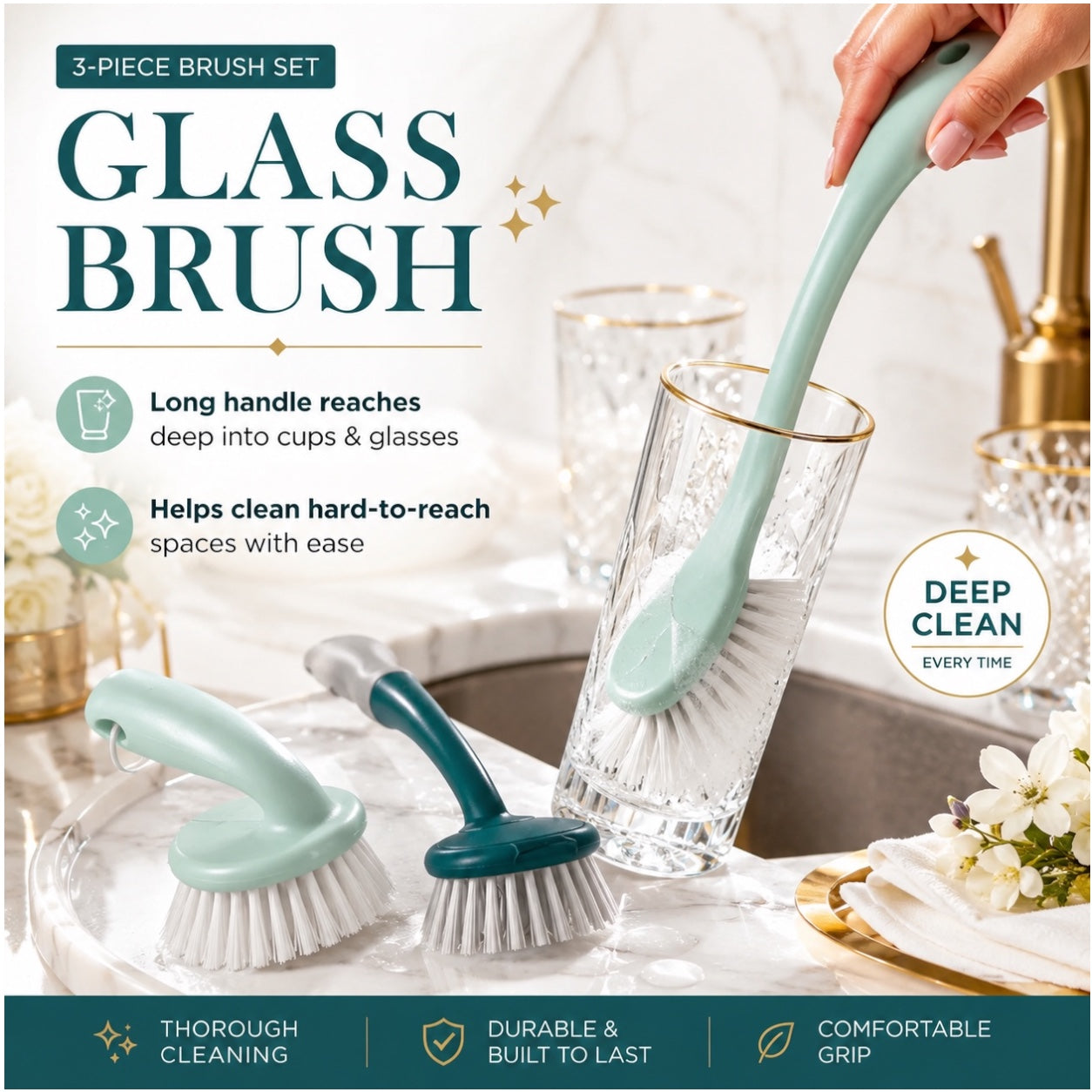 Essential 3 Piece Dish Brush Set with Palm Brush and Glass Cleaning Brush