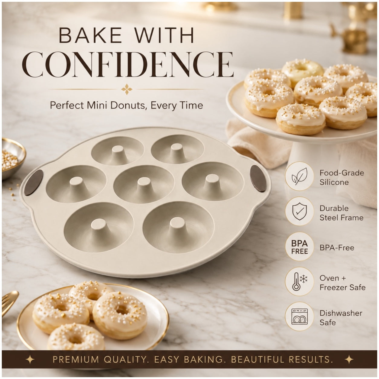 Essential 7-Cavity Silicone Donut Baking Mold with Steel Frame – Cream