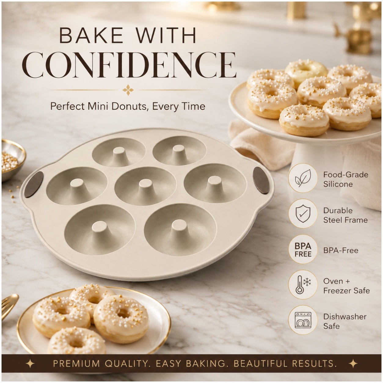 Essential 7-Cavity Silicone Donut Baking Mold with Steel Frame – Cream