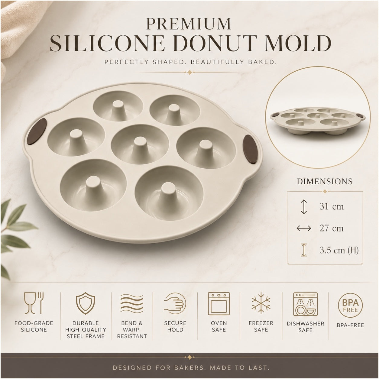 Essential 7-Cavity Silicone Donut Baking Mold with Steel Frame – Cream