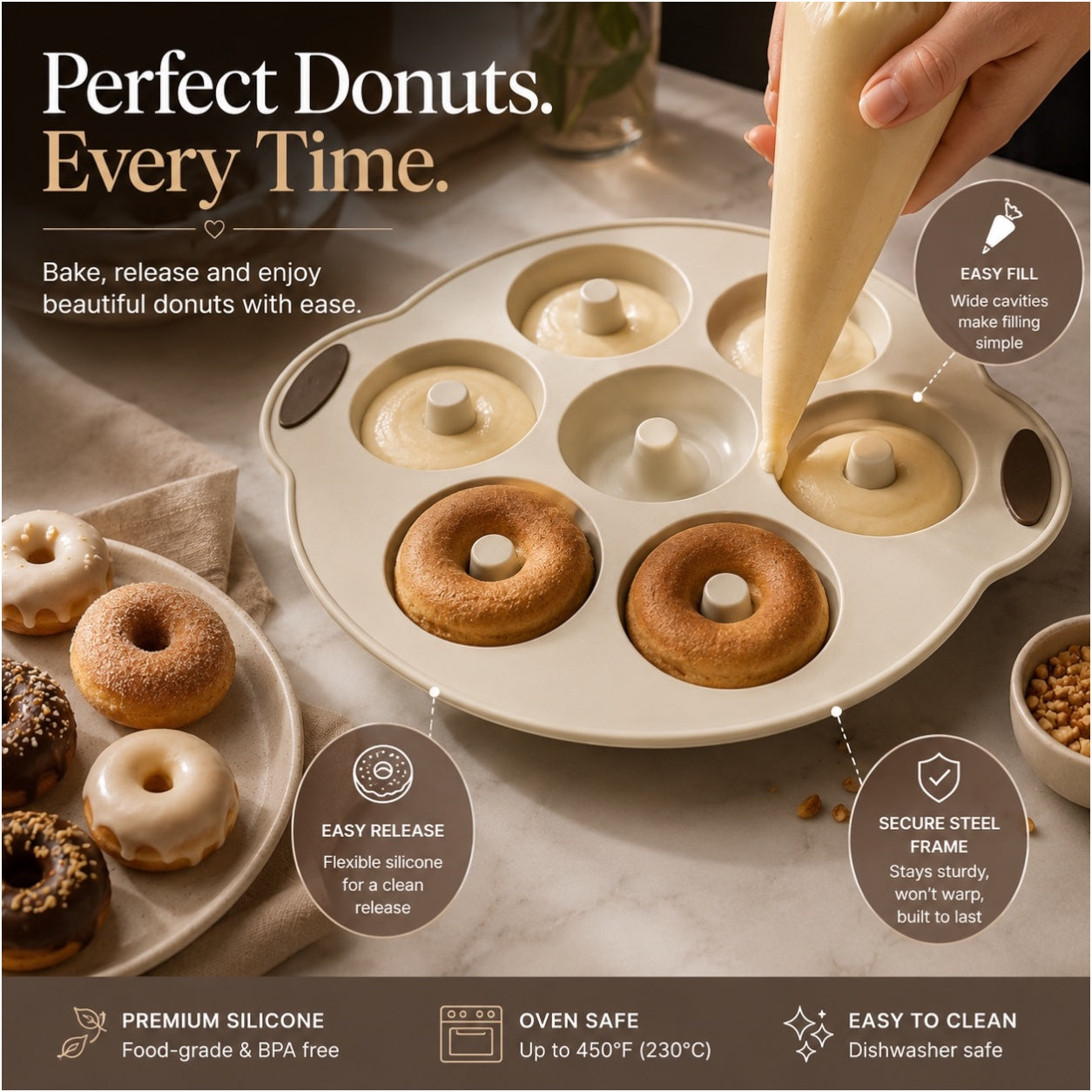 Essential 7-Cavity Silicone Donut Baking Mold with Steel Frame – Cream