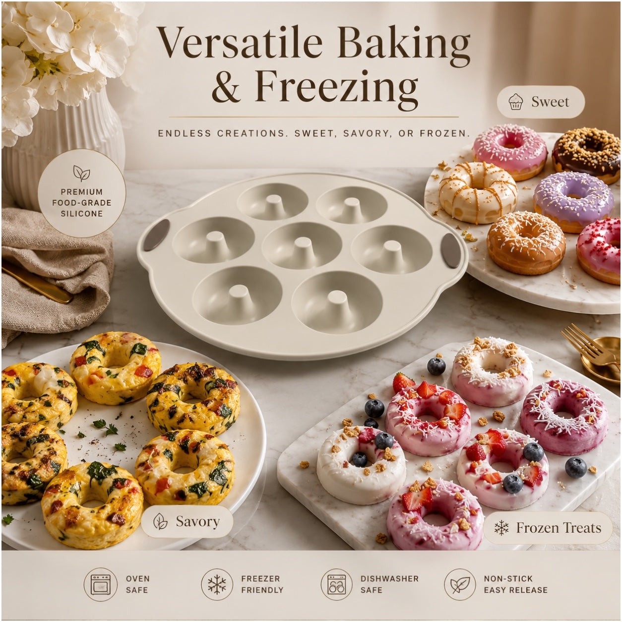 Essential 7-Cavity Silicone Donut Baking Mold with Steel Frame – Cream