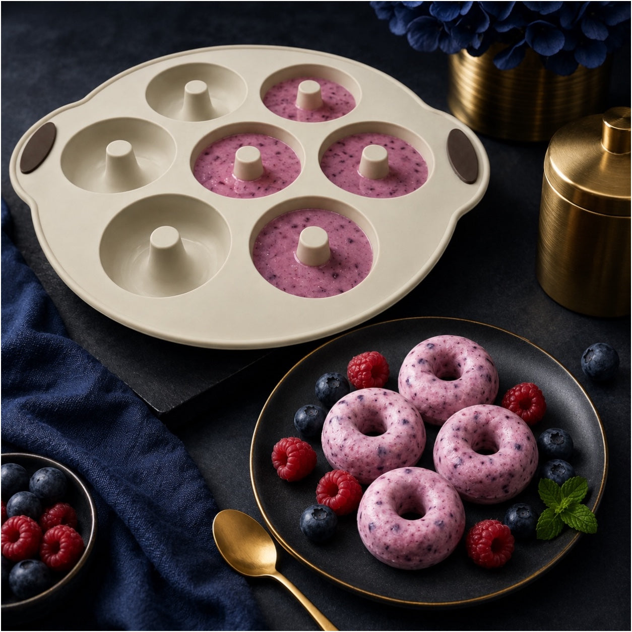 Essential 7-Cavity Silicone Donut Baking Mold with Steel Frame – Cream