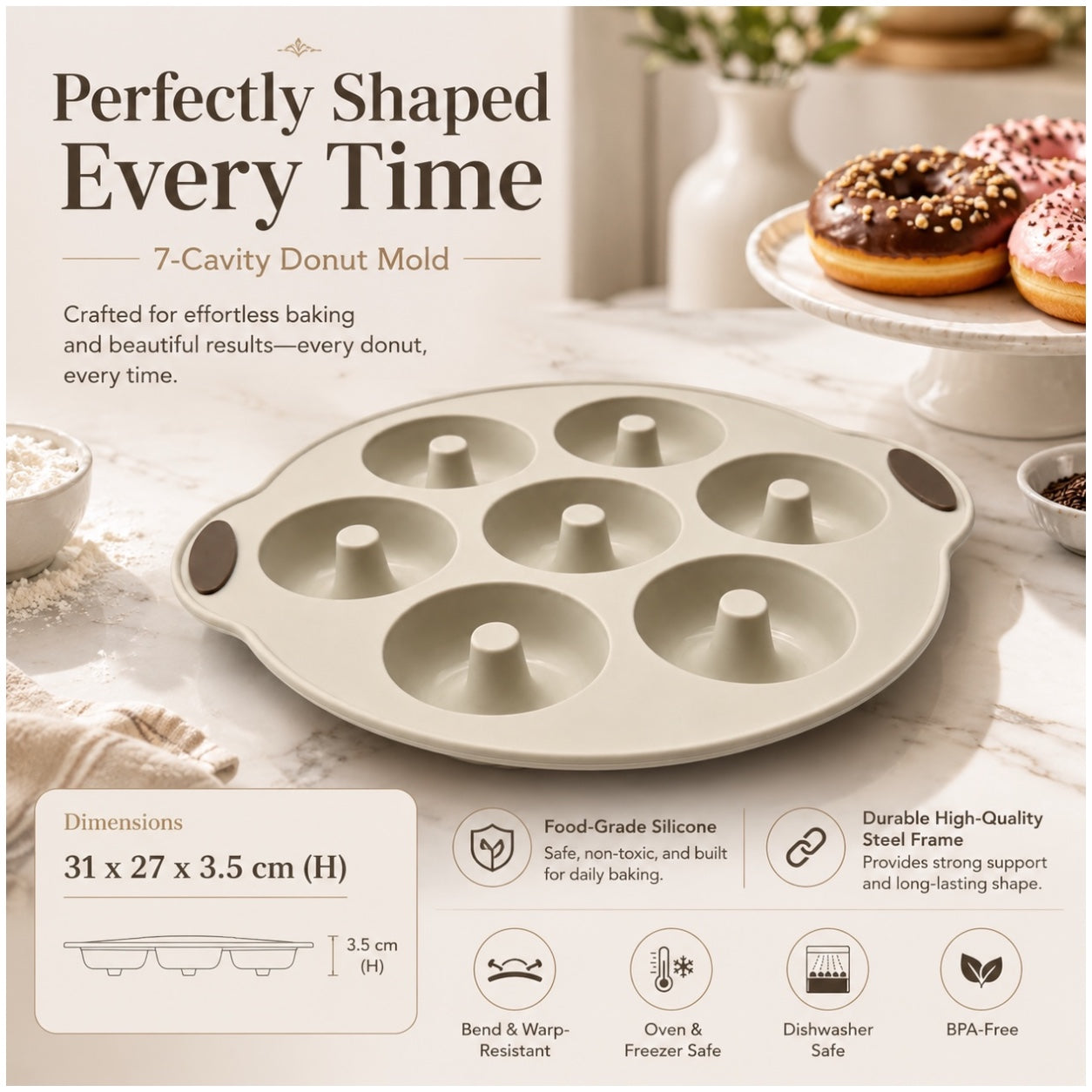 Essential 7-Cavity Silicone Donut Baking Mold with Steel Frame – Cream