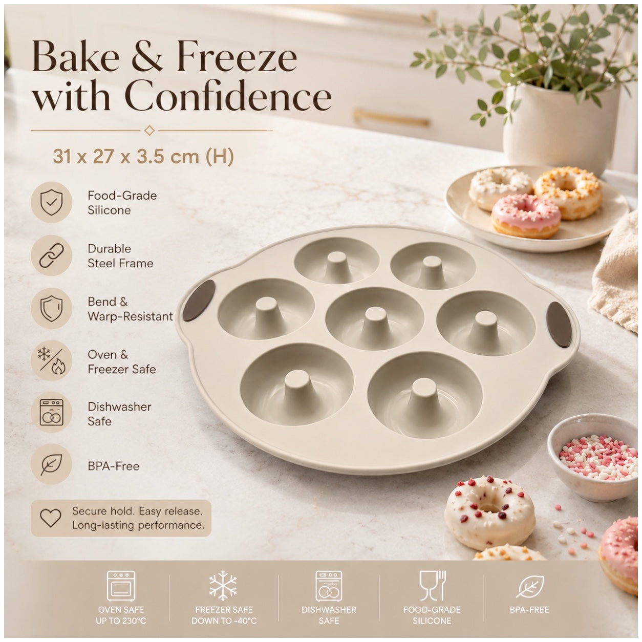 Essential 7-Cavity Silicone Donut Baking Mold with Steel Frame – Cream