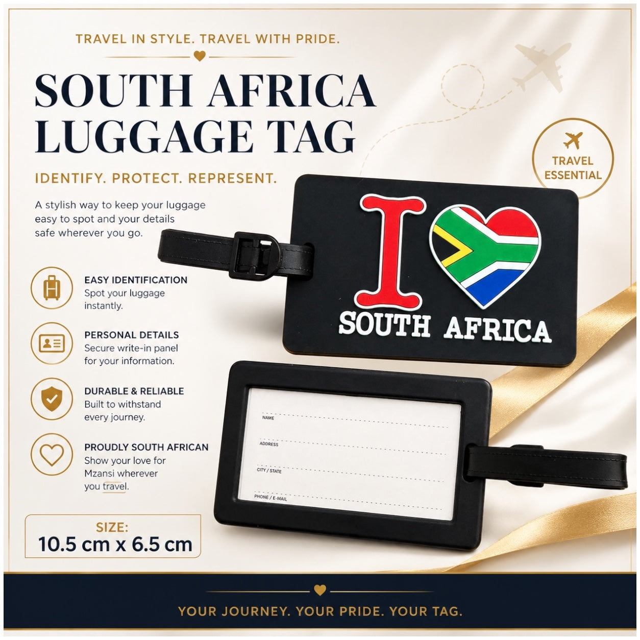 South Africa Luggage Tag with Name Card - Black Travel Bag ID Tag