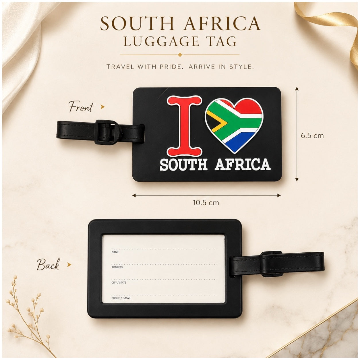 South Africa Luggage Tag with Name Card - Black Travel Bag ID Tag