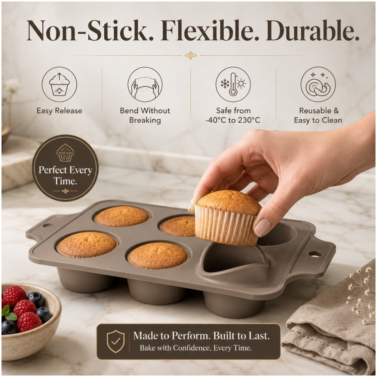 Essential 6-Cup Silicone Cupcake Mold – Non-Stick Baking Mold - 33 x 18.5cm