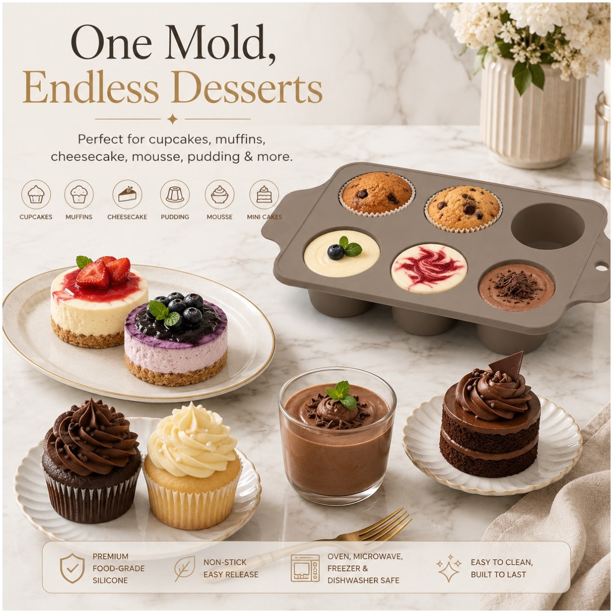 Essential 6-Cup Silicone Cupcake Mold – Non-Stick Baking Mold - 33 x 18.5cm