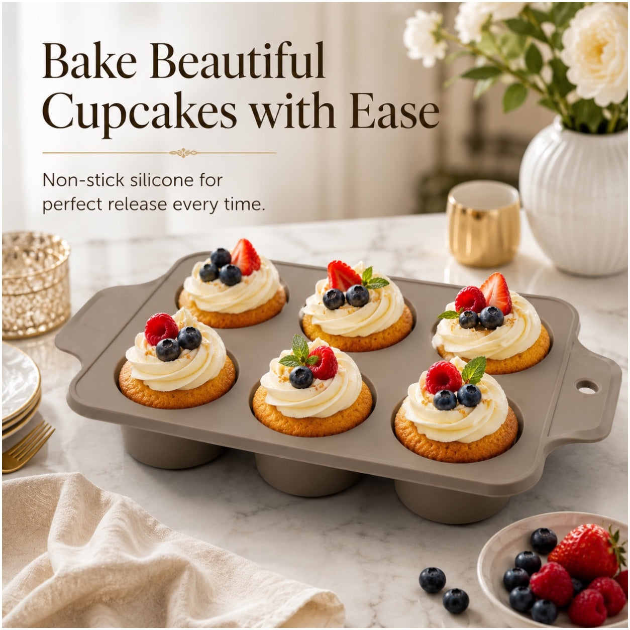 Essential 6-Cup Silicone Cupcake Mold – Non-Stick Baking Mold - 33 x 18.5cm