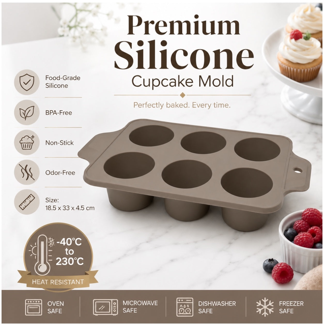 Essential 6-Cup Silicone Cupcake Mold – Non-Stick Baking Mold - 33 x 18.5cm
