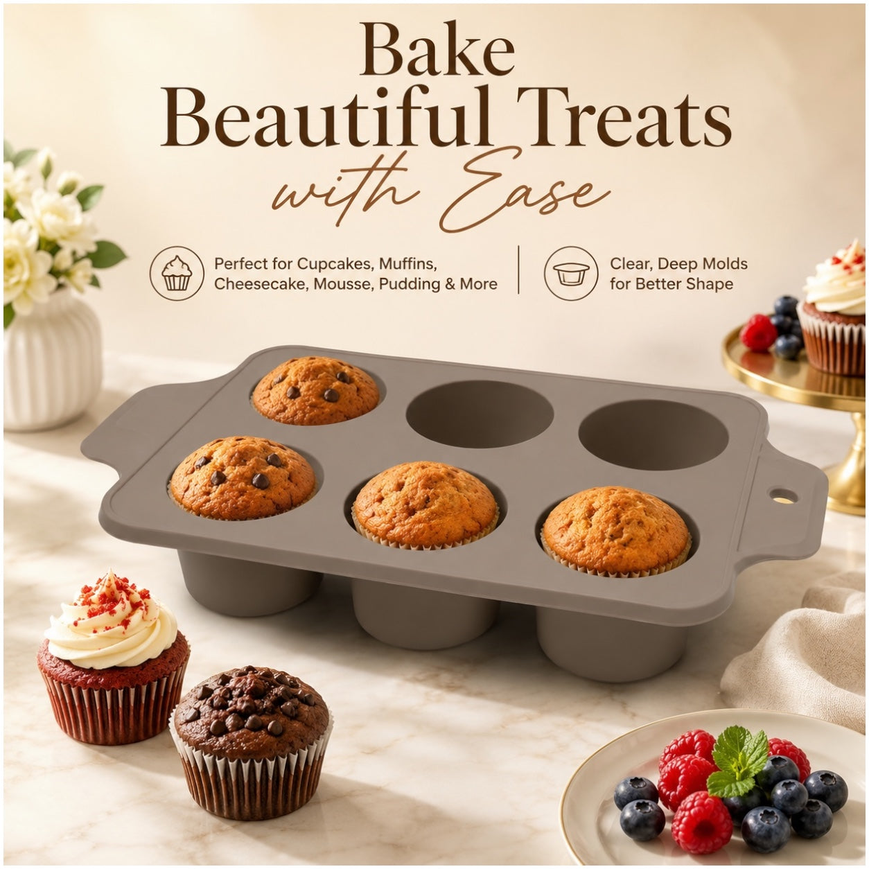 Essential 6-Cup Silicone Cupcake Mold – Non-Stick Baking Mold - 33 x 18.5cm