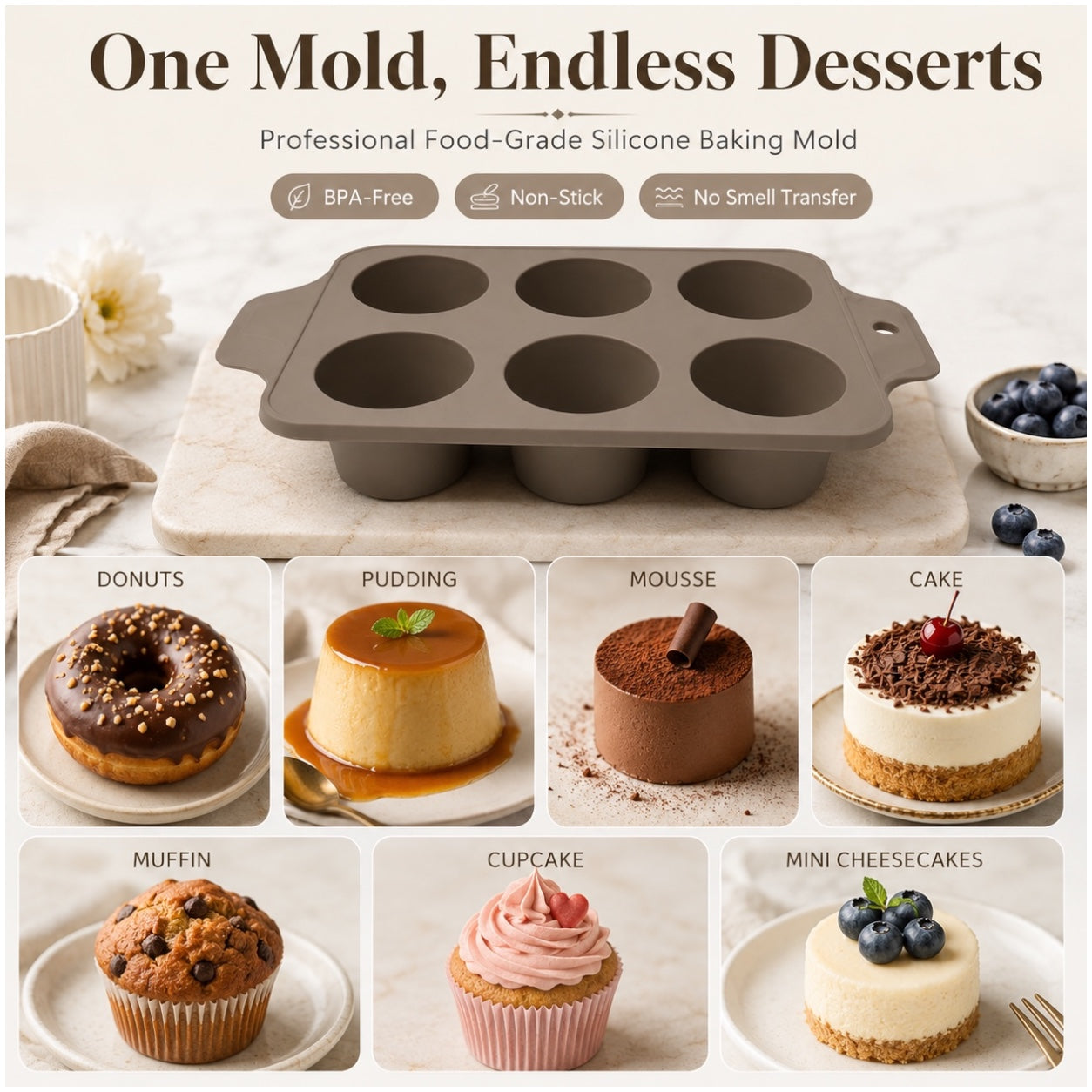 Essential 6-Cup Silicone Cupcake Mold – Non-Stick Baking Mold - 33 x 18.5cm