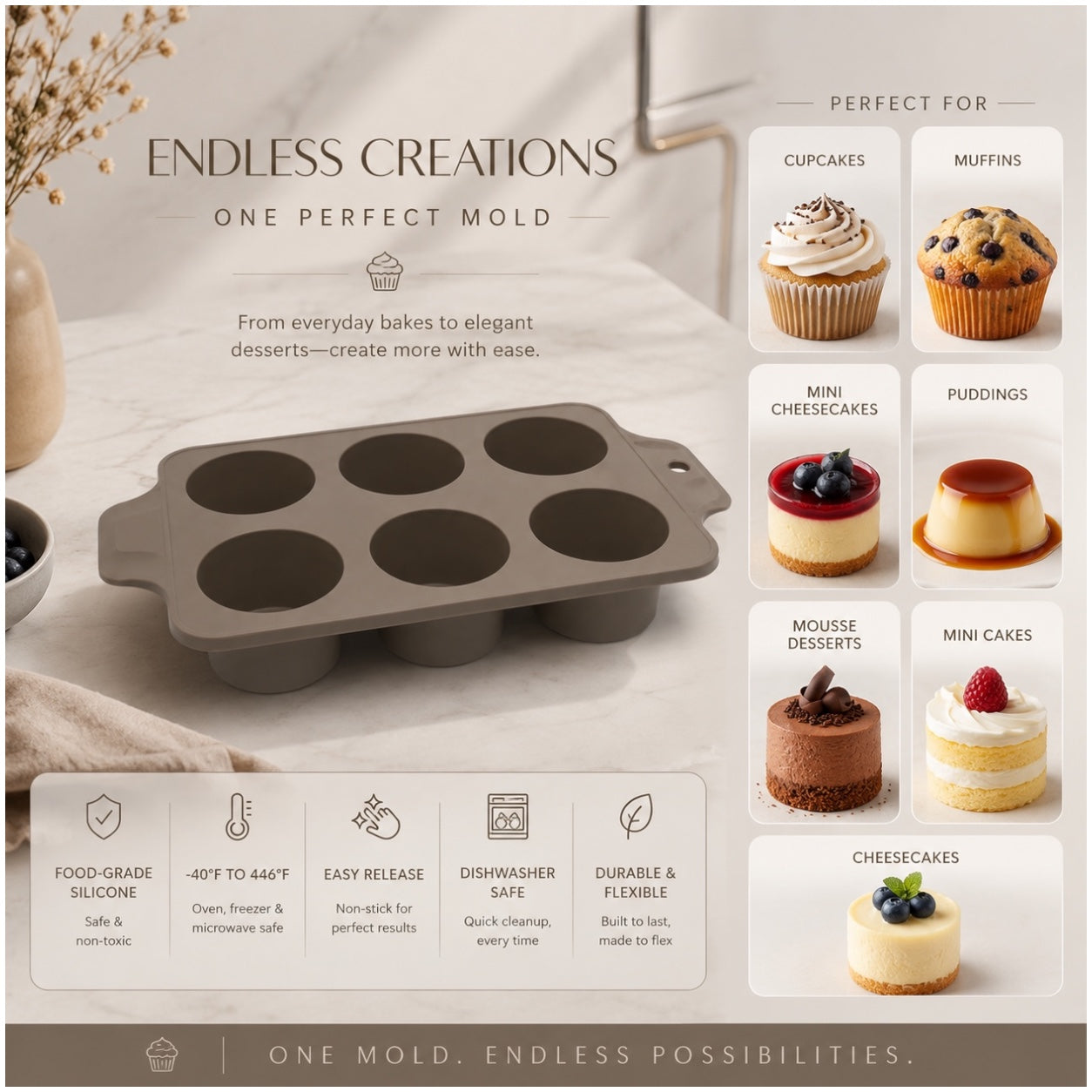 Essential 6-Cup Silicone Cupcake Mold – Non-Stick Baking Mold - 33 x 18.5cm