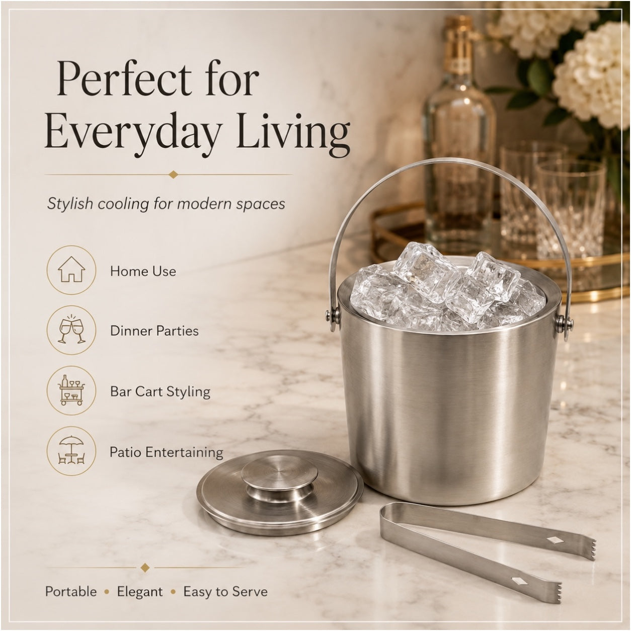 Stainless Steel Ice Basket with Tongs and Lid – 2.8L - 19 x 19 x 17.5 cm