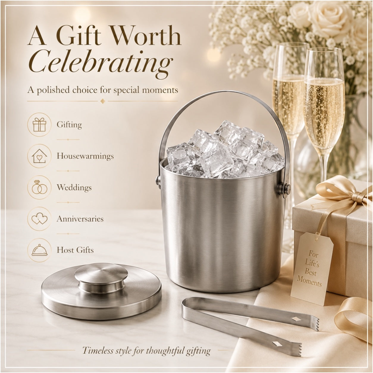 Stainless Steel Ice Basket with Tongs and Lid – 2.8L - 19 x 19 x 17.5 cm