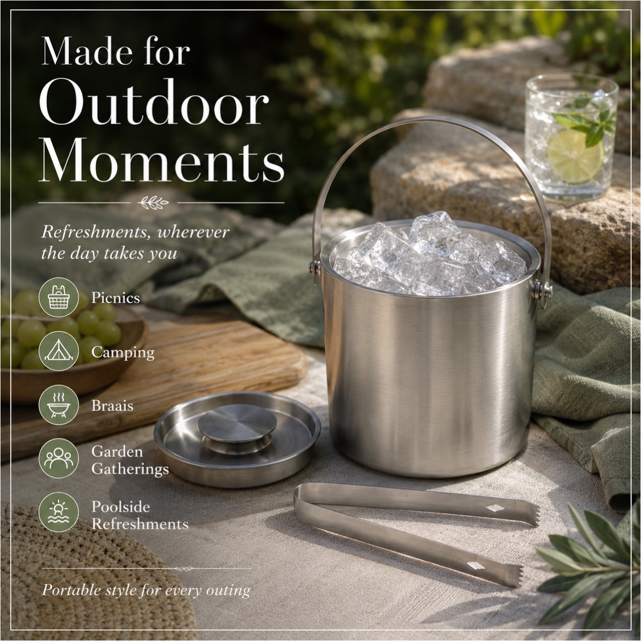 Stainless Steel Ice Basket with Tongs and Lid – 2.8L - 19 x 19 x 17.5 cm