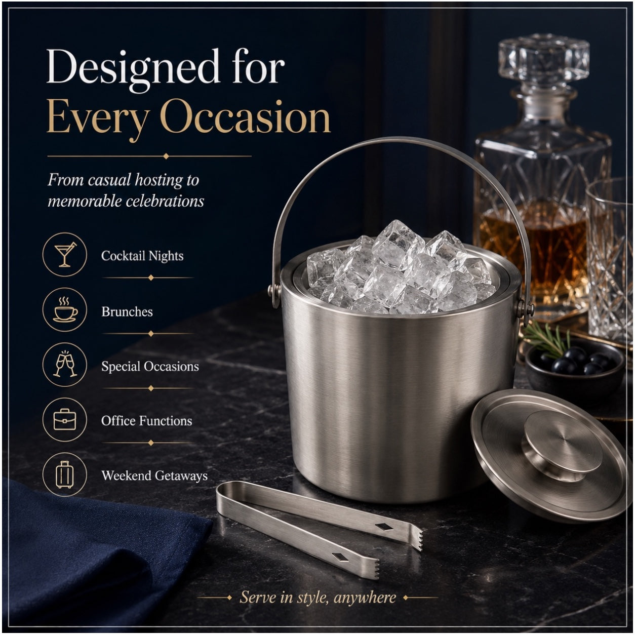 Stainless Steel Ice Basket with Tongs and Lid – 2.8L - 19 x 19 x 17.5 cm