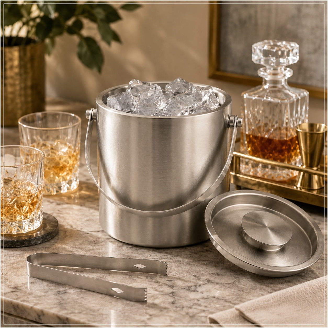Stainless Steel Ice Basket with Tongs and Lid – 2.8L - 19 x 19 x 17.5 cm