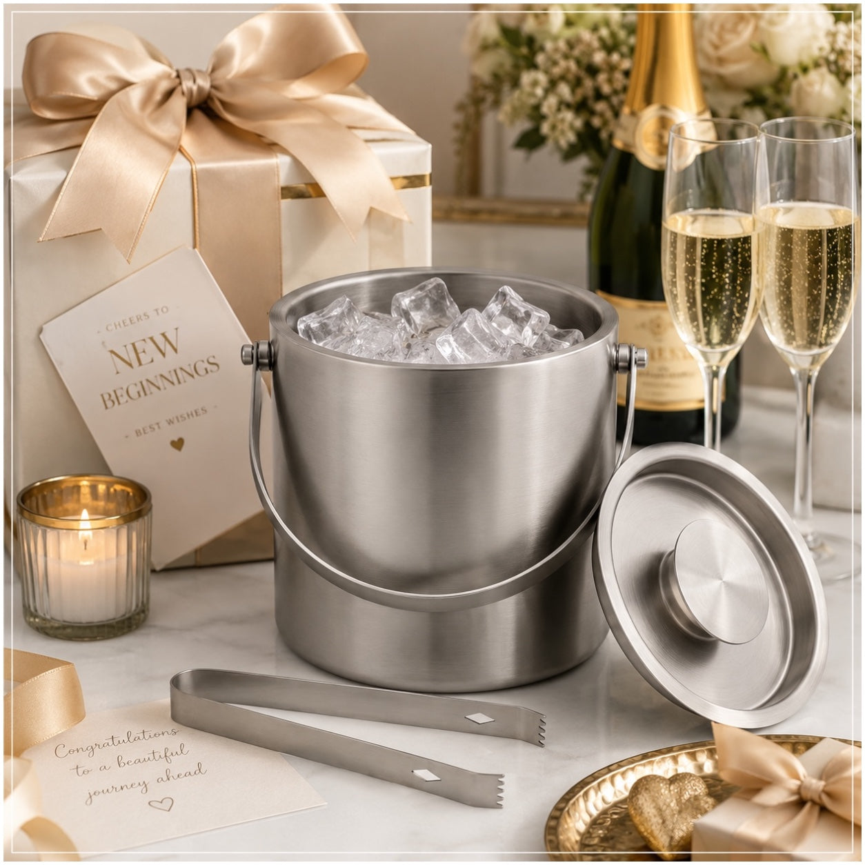 Stainless Steel Ice Basket with Tongs and Lid – 2.8L - 19 x 19 x 17.5 cm