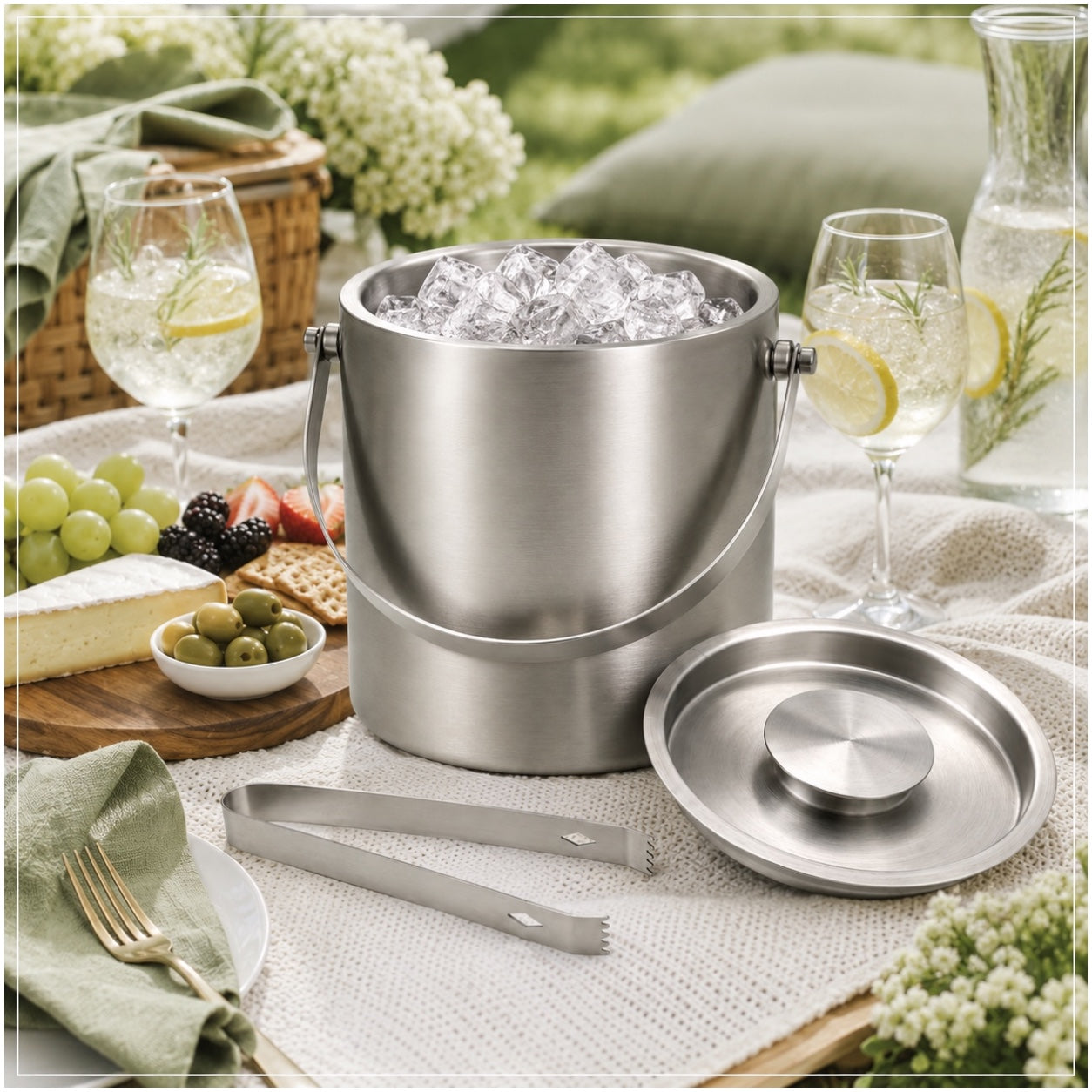 Stainless Steel Ice Basket with Tongs and Lid – 2.8L - 19 x 19 x 17.5 cm