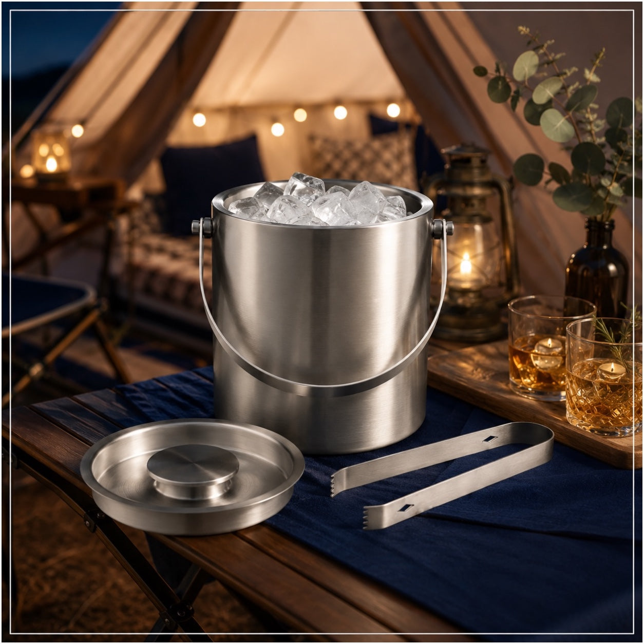 Stainless Steel Ice Basket with Tongs and Lid – 2.8L - 19 x 19 x 17.5 cm