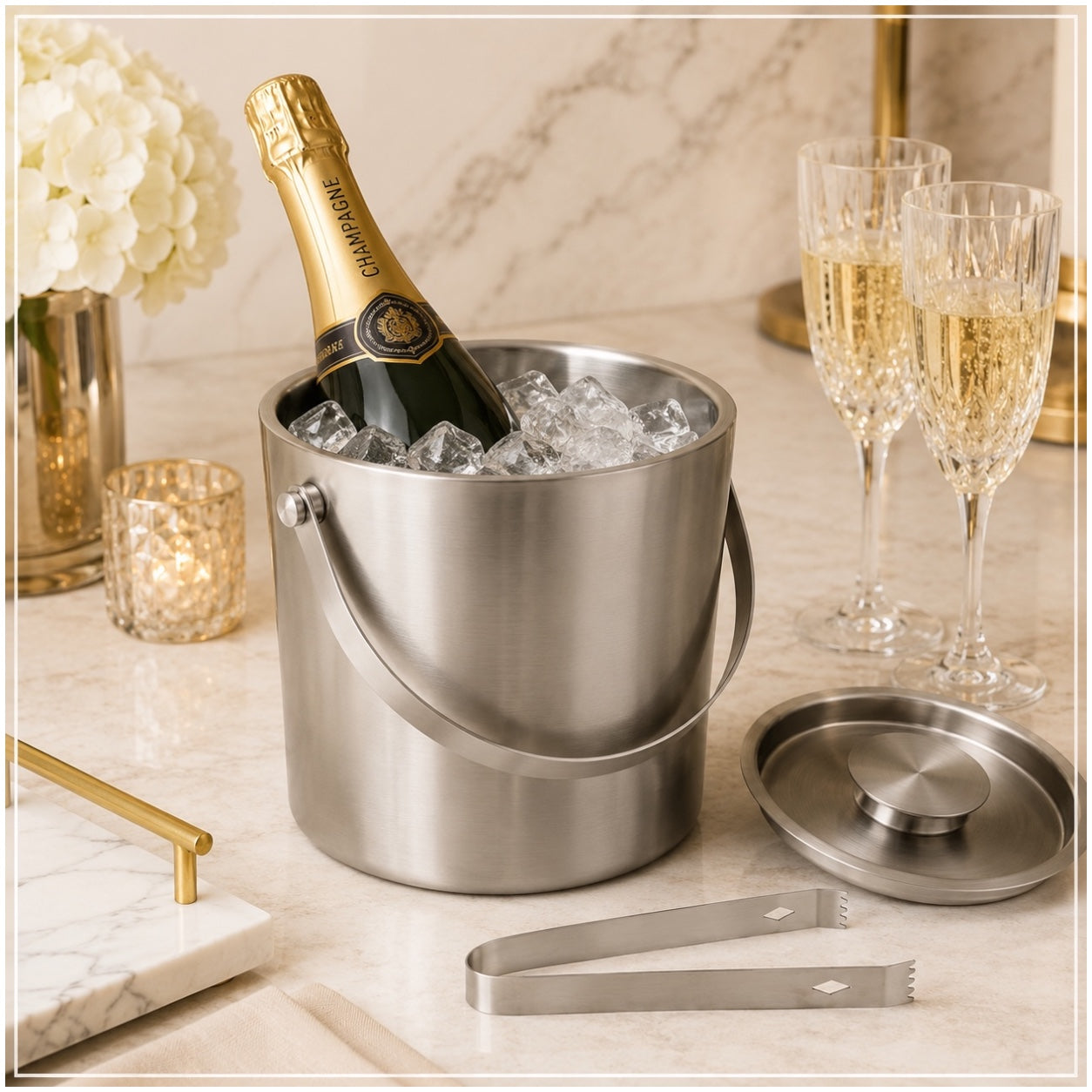 Stainless Steel Ice Basket with Tongs and Lid – 2.8L - 19 x 19 x 17.5 cm