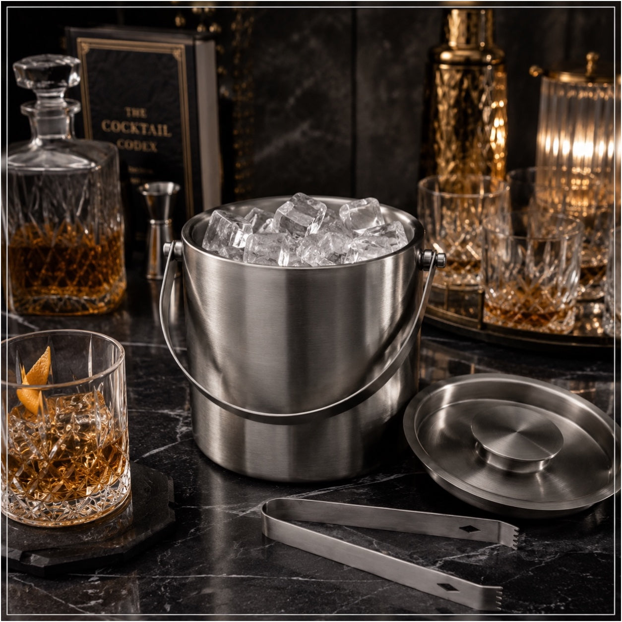 Stainless Steel Ice Basket with Tongs and Lid – 2.8L - 19 x 19 x 17.5 cm
