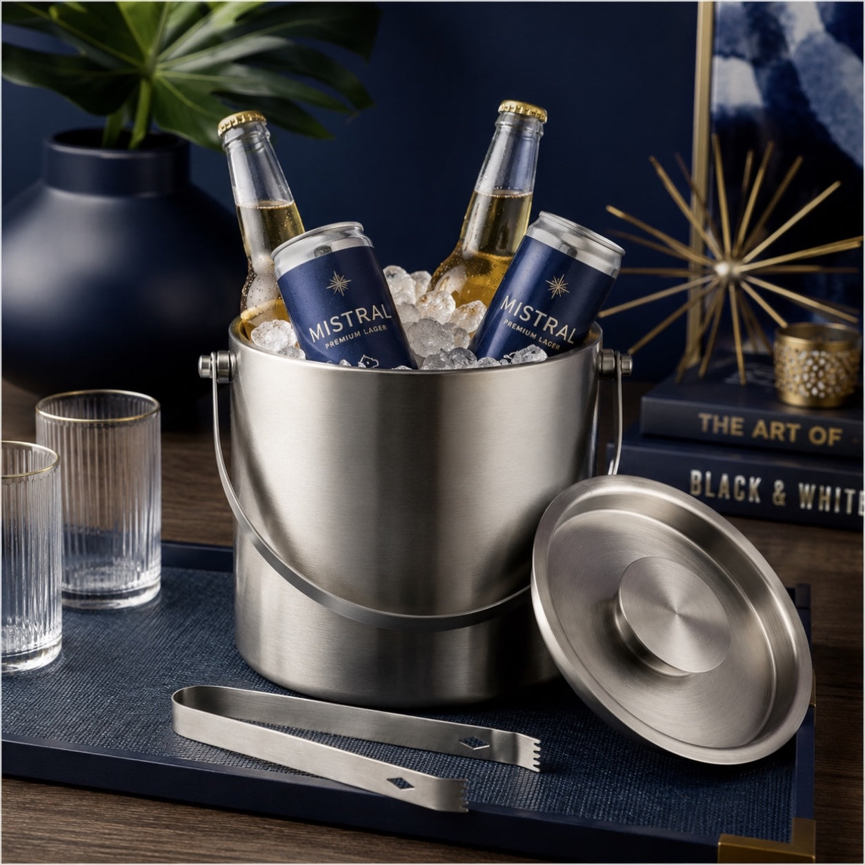 Stainless Steel Ice Basket with Tongs and Lid – 2.8L - 19 x 19 x 17.5 cm