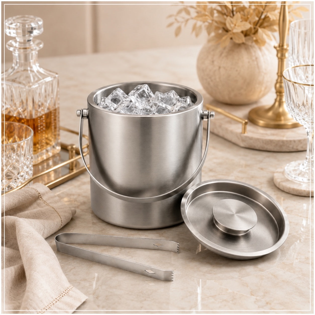 Stainless Steel Ice Basket with Tongs and Lid – 2.8L - 19 x 19 x 17.5 cm